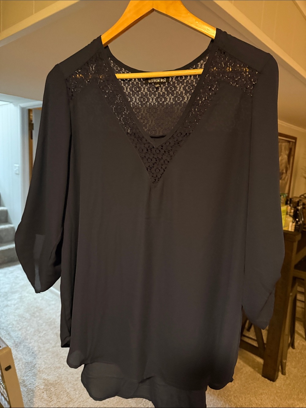 Navy Lace-Trim V-Neck Women’s Top